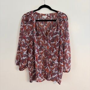 Liz Claiborne Paisley Boho V-Neck Sheer Blouse in Red, Orange & Blue
